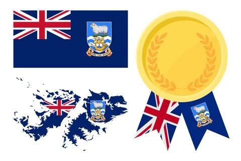 Falkland Islands flag with map and gold medal in set for web and banners or.. Stock Illustration