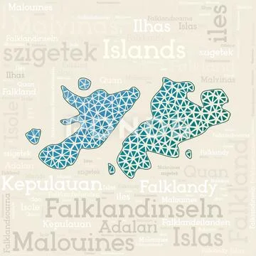 FALKLANDS map design. Country names in different languages and map ...