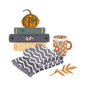Fall Aesthetic Composition with Books, Pumpkin, hot drink, and blanket. Vec.. Illustrazione stock