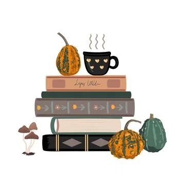 Fall Aesthetic Composition with Books, Pumpkin, and hot drink. Vector Autum.. Stock Illustration