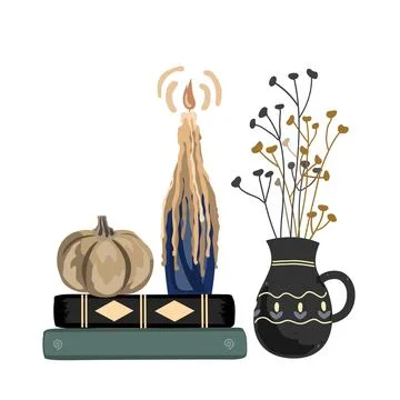 Fall Aesthetic Composition with Books, Pumpkin, Candle and dried plants bouqu Illustrazione stock