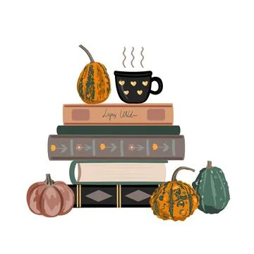 Fall Aesthetic Composition with Books, Pumpkin, and hot drink. Vector Autumn Stock Illustration