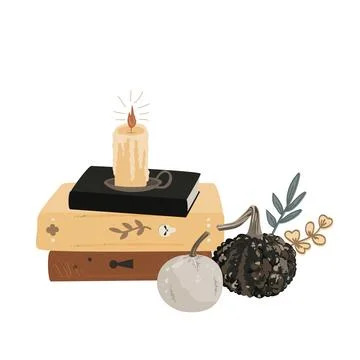 Fall Aesthetic Composition with Books, Pumpkins, Candle and dried plants. H.. Stock Illustration