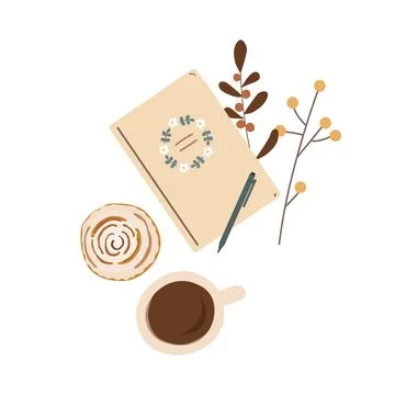 Fall Aesthetic Composition with notebook, coffee, sweets, and dried leaves. T Stock Illustration