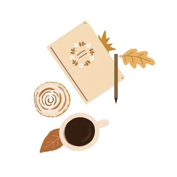 Fall Aesthetic Composition with notebook, coffee, sweets, and dried leaves. T Stock Illustration