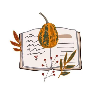 Fall Aesthetic Composition with open book, Pumpkin, and leaves. Vector Autumn Stock Illustration