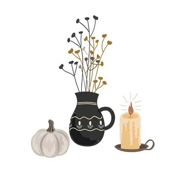 Fall Aesthetic Composition with Pumpkin, Candle and dried plants bouquet in.. Stock Illustration