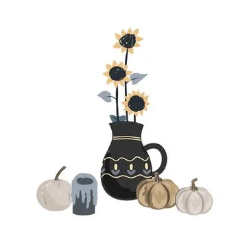 Fall Aesthetic Composition with Pumpkins, candle and sunflowers in a ceramic Stock Illustration