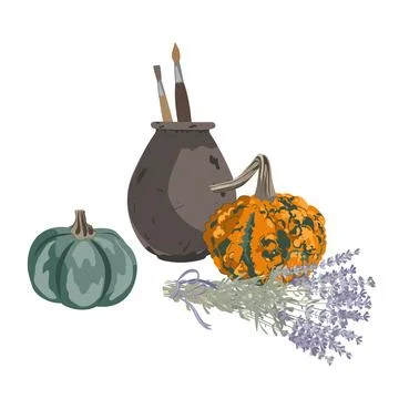 Fall Aesthetic Composition with Pumpkins, ceramic pot, and dried lavender bou Stock Illustration