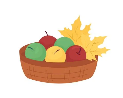 Fall apple basket semi flat color vector objects Stock Illustration