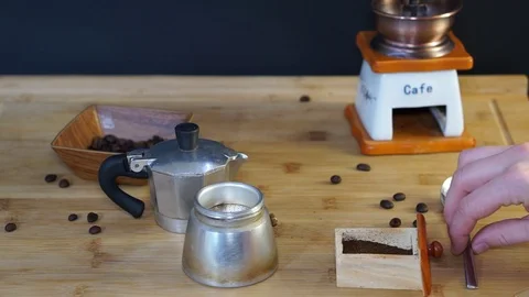 Fall asleep ground coffee in the lower half of the moka coffee maker Stock Footage 104749315