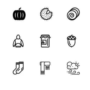 Fall autumn and its attributes. Set outline flat and filled icon EPS 10 vecto Stock Illustration