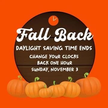 Fall Back 2024. Autumn Daylight saving time ends banner with pumpkins isolated Stock Illustration