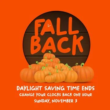 Fall Back 2024. Autumn Daylight saving time ends banner with pumpkins isolated Illustrazione stock