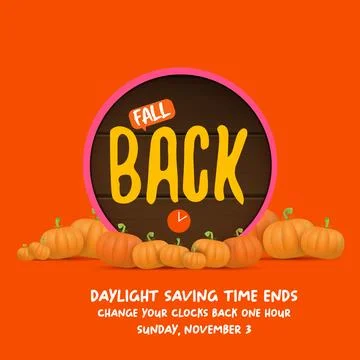 Fall Back 2024. Autumn Daylight saving time ends banner with pumpkins isolated Illustrazione stock
