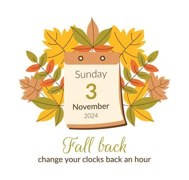Fall Back 3 November 2024 banner with calendar and leaves. Daylight saving .. Illustrazione stock