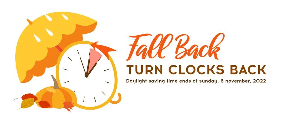 Fall Back banner, Daylight Saving Time Ends web reminder. Change clock back a Illustrazione stock