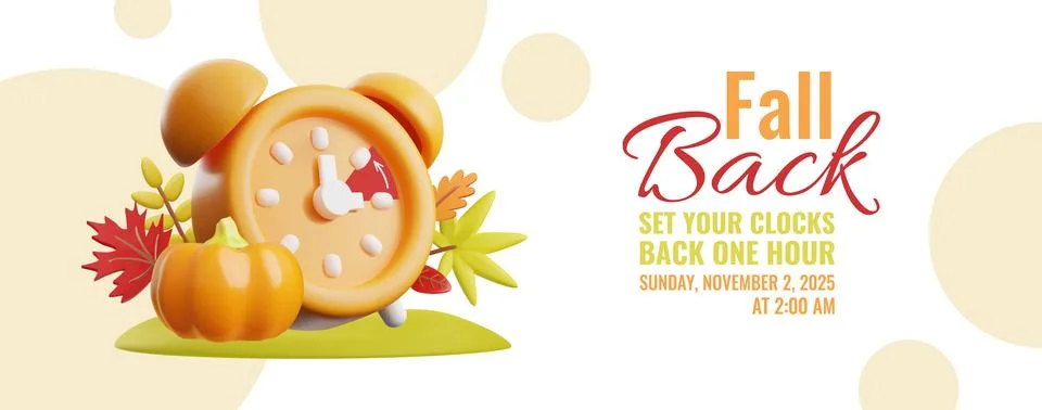 Fall Back, set your clock back one hour, Sunday November 2, 2025, 3D vector Illustrazione stock