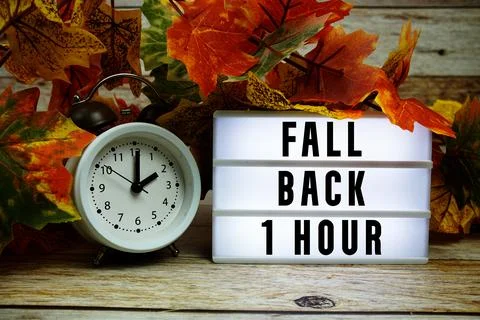 Fall Back text with alarm clock and maple leaf decoration on wooden backgroun Stock Photos