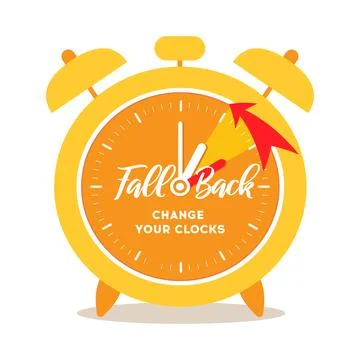 Fall Back time banner. Big orange alarm clock with example of changing arrow  Stock Illustration