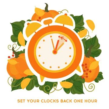 Fall back time concept banner. Clock on the fall background with pumpkins and Stock Illustration