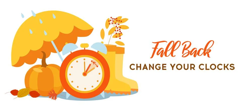 Fall Back Time concept poster. Daylight saving time ends, reminder banner Illustrazione stock