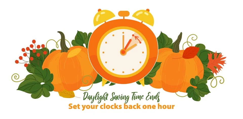 Fall Back time. Daylight Saving Time End banner. Clocks with turning hand one Stock Illustration