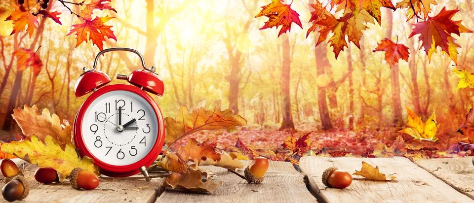 Fall Back Time - Daylight Savings End - Clock Alarm And Leaves Stock Photos