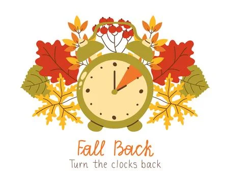 Fall Back turn the clocks back one hour. Daylight Saving Time Ends November.  Stock Illustration