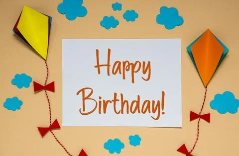 Fall Background With Kite, Clouds and Autumn Decoration and Text Happy Birthday Stock Illustration