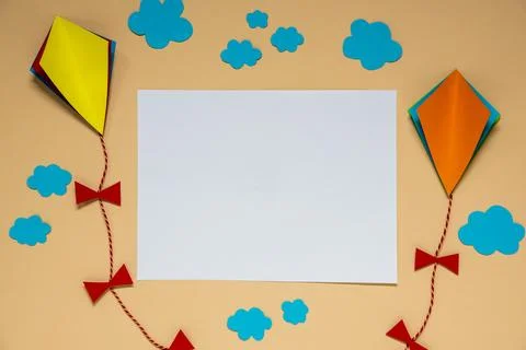 Fall Background With Kite, Clouds and Autumn Decoration and Copyspace Stock Photos