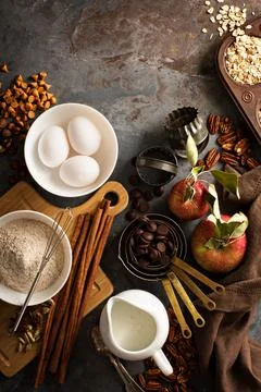 Fall baking concept with apples, oats and flour Stock Photos