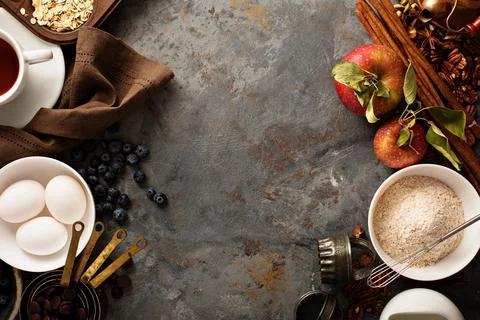 Fall baking concept with apples, oats and flour Stock Photos