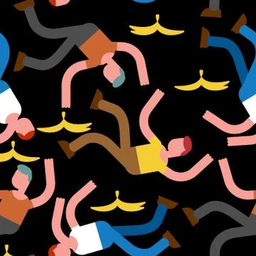 Fall on banana seamless pattern. Slip on banana peel background. guy flopped  Stock Illustration