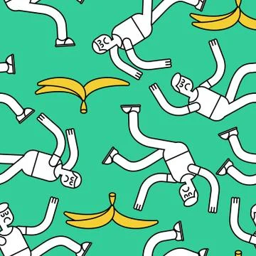 Fall on banana seamless pattern. Slip on banana peel background. guy flopped  Illustrazione stock