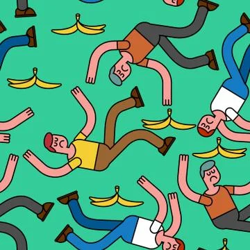 Fall on banana seamless pattern. Slip on banana peel background. guy flopped  Illustrazione stock