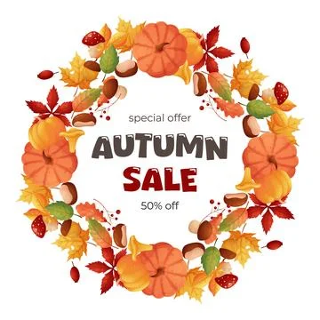 Fall banner, discount frame pumpkin. Sale. On white isolated background. Stock Illustration