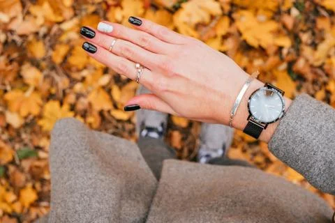 Fall black manicure Stock Photos