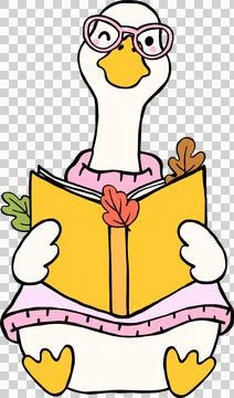 Fall Bookish Silly Goose Reading Book With Autumn Leaves cartoon Illustrazione stock