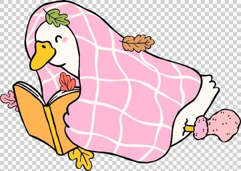 Fall Bookish Silly Goose Reading Book Under Blanket Cartoon Hand Drawn Stock Illustration