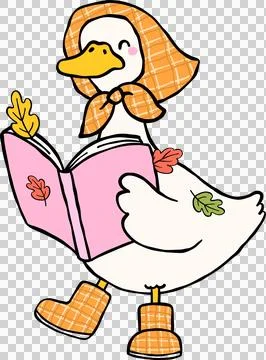 Fall Bookish Silly Goose Reading Book, cottagecore hand drawn Illustrazione stock