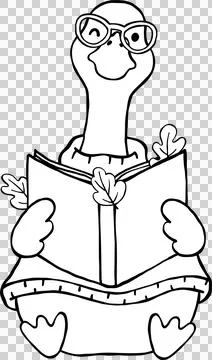 Fall Bookish Silly Goose Reading Book With Autumn Leaves cartoon Outline Illustrazione stock