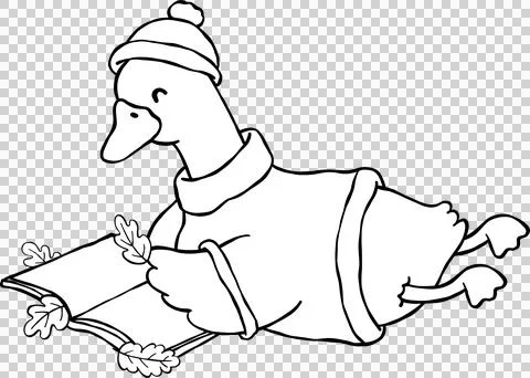 Fall Bookish Silly Goose Reading Book and relaxing cartoon Outline Black an.. Stock Illustration
