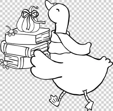 Fall Bookish Silly Goose Reading Carrying Books and Pumpkin Cartoon Outline Stock Illustration