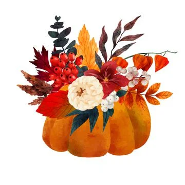 Fall bouquet in pumpkin vase, hand drawn vector Stock Illustration
