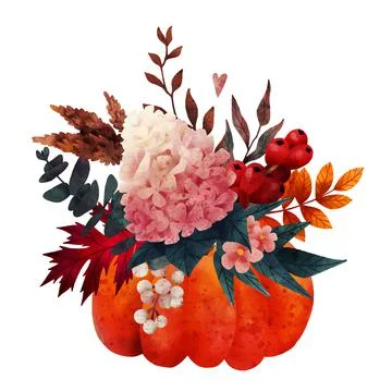 Fall bouquet in pumpkin vase, hand drawn vector Stock Illustration