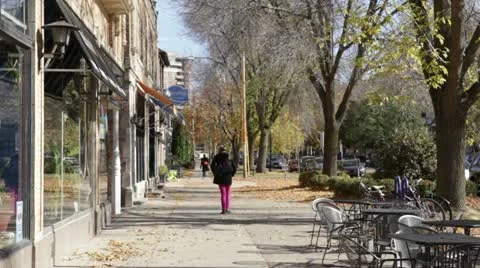 Fall Café Sidewalk with Pedestrians Stock Footage 12296060