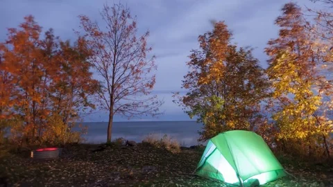 Fall Camping at Night on Lake Superior Stock Footage 81220850