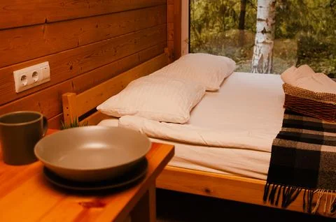 Fall camping in a tiny house in the woods Stock Photos