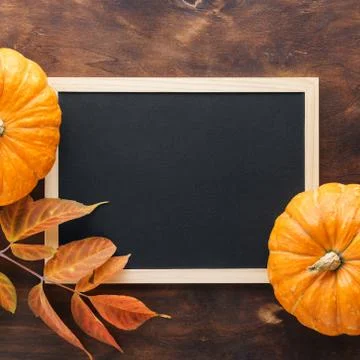 Fall chalkboard background with pumpkins, red and yellow leaves. Stock Photos